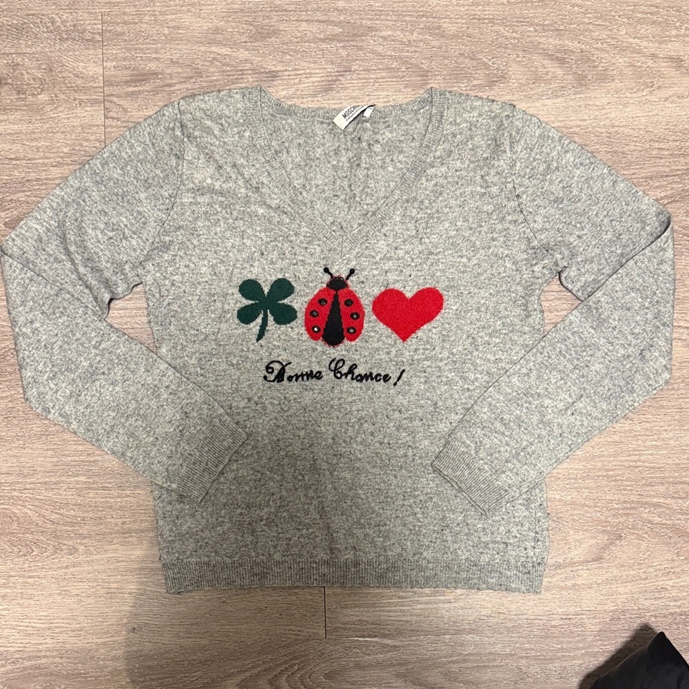 Moschino Women’s Gray Long Sleeve Top with Clover, Ladybug and Heart Detail